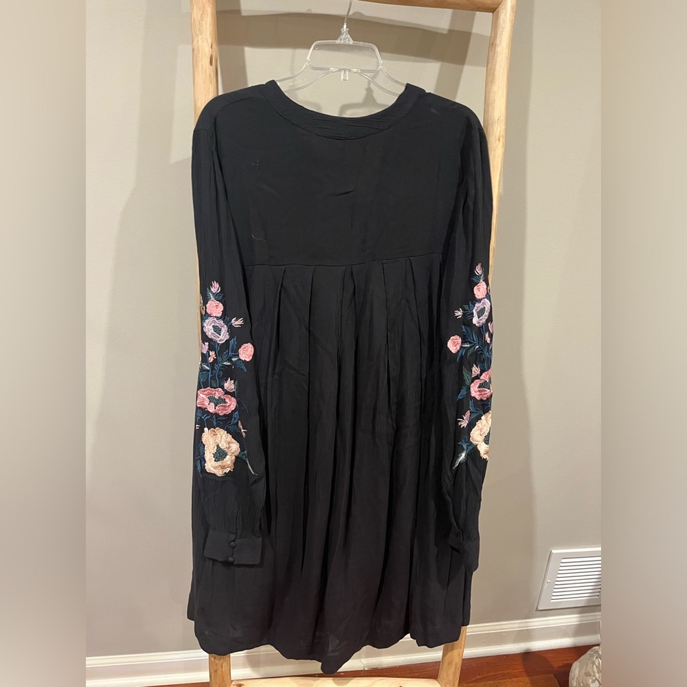 Free People Black Long Sleeve Dress with Floral Embroidery